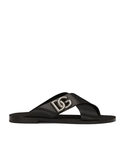 DOLCE & GABBANA LEATHER LOGO CROSS-STRAP SANDALS