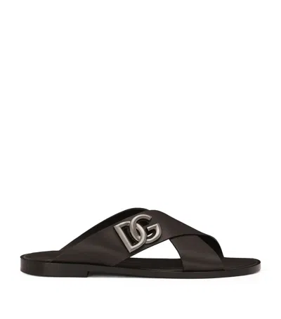 DOLCE & GABBANA LEATHER LOGO CROSSOVER SANDALS