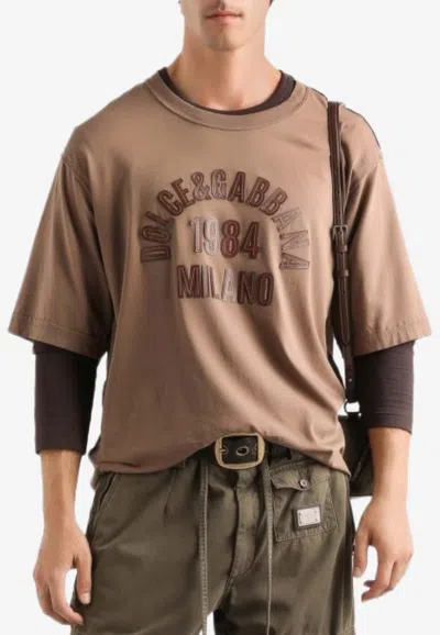Dolce & Gabbana Leather Logo Patch T-shirt In Brown