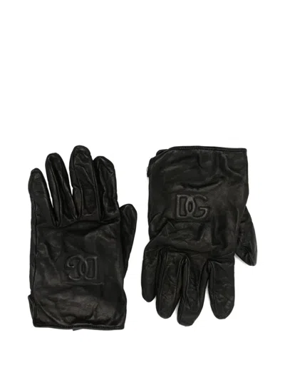 Pre-owned Dolce & Gabbana Leather Logo-embossed Gloves In Black