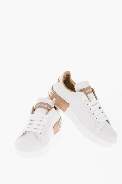 Dolce & Gabbana Leather Low-top Portofino Contrasting Logo Sneakers In White