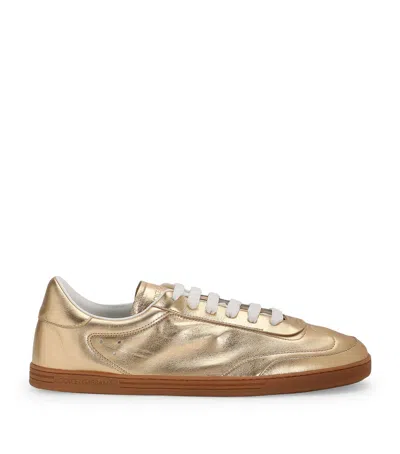 Dolce & Gabbana Leather Metallic Portofino Trainers In Gold