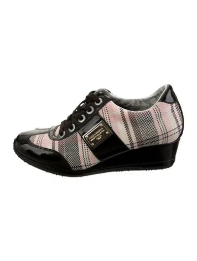 Pre-owned Dolce & Gabbana Leather Plaid Print Wedge Sneakers In Black