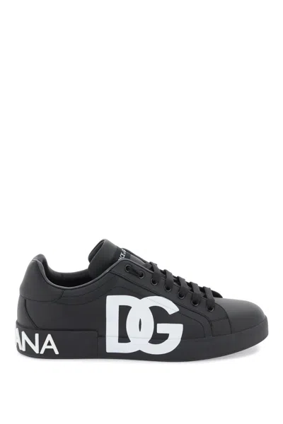 Dolce & Gabbana Leather Portofino Trainers With Dg Logo In Black