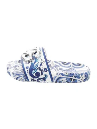 Pre-owned Dolce & Gabbana Leather Printed Slides In Blue