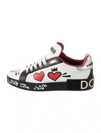 Pre-owned Dolce & Gabbana Leather Printed Sneakers In White