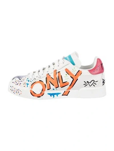 Pre-owned Dolce & Gabbana Leather Printed Sneakers In White