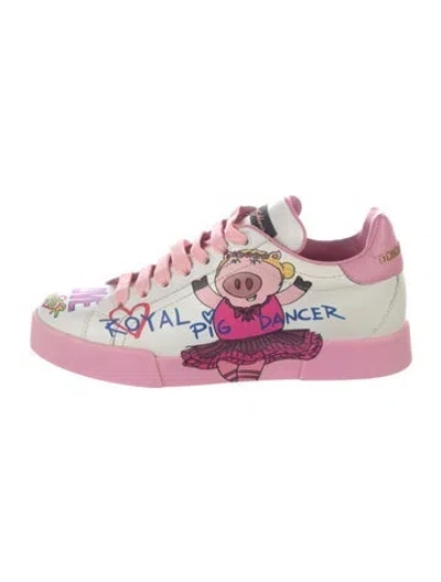 Pre-owned Dolce & Gabbana Leather Printed Sneakers In White