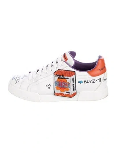 Pre-owned Dolce & Gabbana Leather Printed Sneakers In White