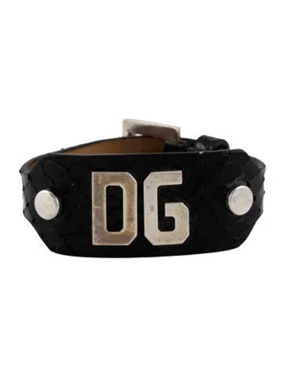 Pre-owned Dolce & Gabbana Leather Python Embossed Logo Bracelet, 7" In Black