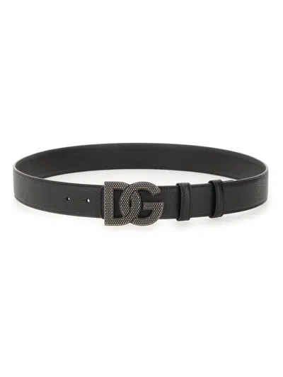 Dolce & Gabbana Leather Reversible Belt With Dg Buckle In Black