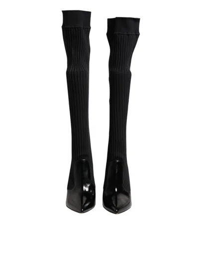 Dolce & Gabbana Leather Ribbed Knit Boot In Black