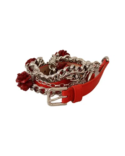 Dolce & Gabbana Leather Roses Floral Waist Belt In Red