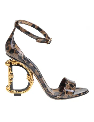 Dolce & Gabbana Sandal In Glossy Calfskin With Spotted Print In Brown