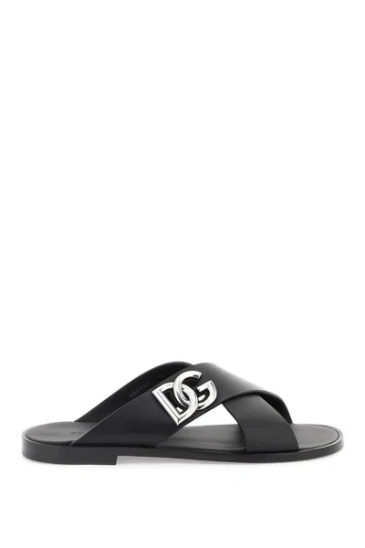 Dolce & Gabbana Leather Sandals With Dg Logo In Nero