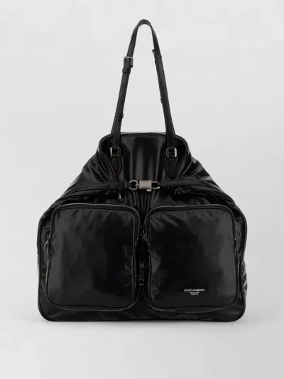 Dolce & Gabbana Leather Shopping Bag Double Handles Zip Pockets In Black
