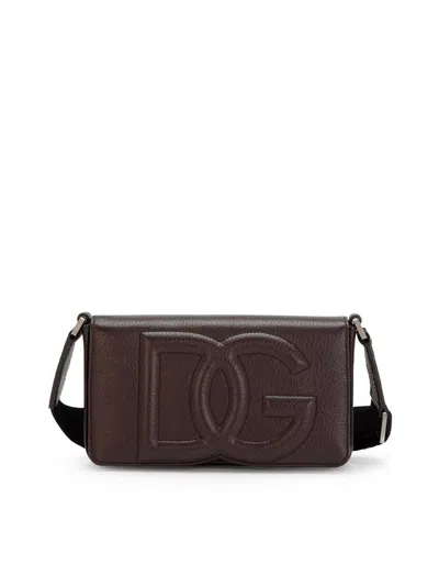 Dolce & Gabbana Leather Shoulder Bag With Embossed Logo In Dark Brown