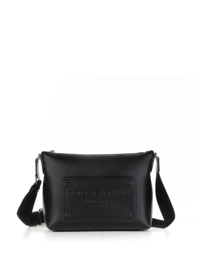 Dolce & Gabbana Leather Shoulder Bag With Embossed Logo In Nero