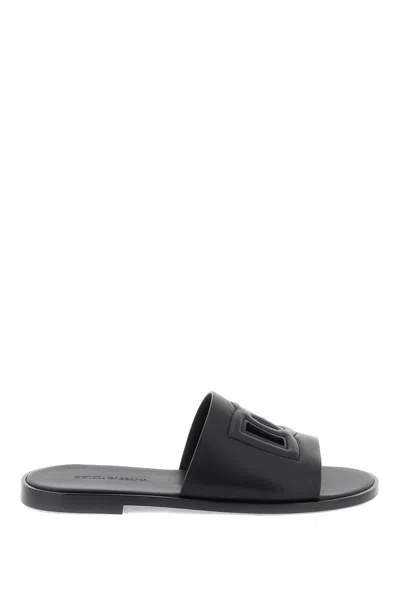 DOLCE & GABBANA LEATHER SLIDERS WITH LOGO