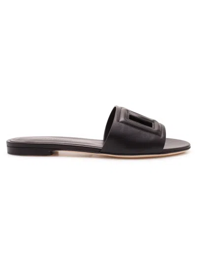 Dolce & Gabbana Leather Sliders With Logo Dg In Black
