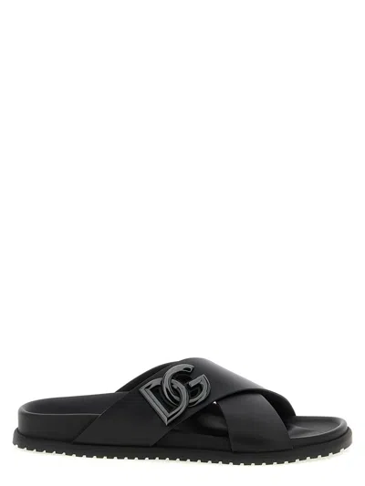 Dolce & Gabbana Leather Slides In Black