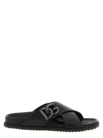 Dolce & Gabbana Leather Slides In Black