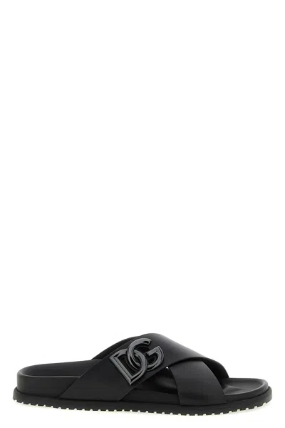 Dolce & Gabbana Leather Slides In Black