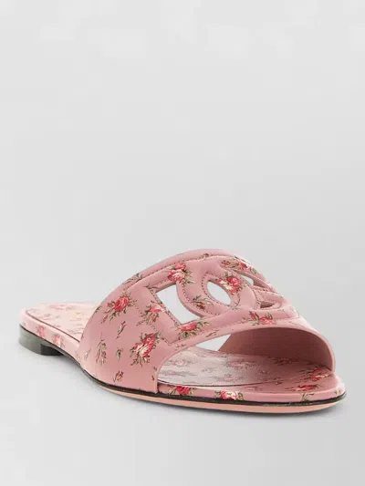 Dolce & Gabbana Leather Slides Flat Sole Floral Pattern Open Toe In Pink