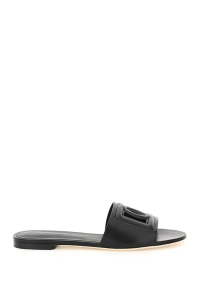Dolce & Gabbana Leather Slides With Cut-out Logo In Nero