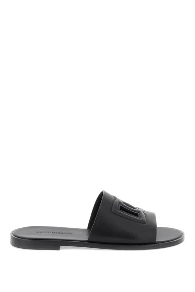 Dolce & Gabbana Leather Slides With Dg Cut Out In Black