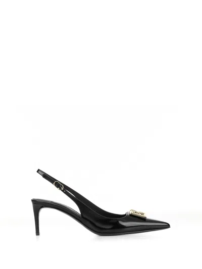 Dolce & Gabbana Leather Slingback Pumps With Logo In Black