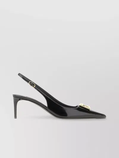 Dolce & Gabbana Leather Slingback With Gold Embellishment And Patent Finish In Black