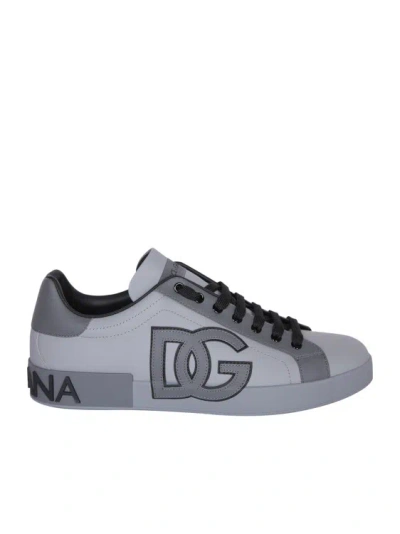 Dolce & Gabbana Portofino Leather Sneakers In Grey