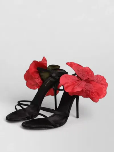 Dolce & Gabbana Leather Strappy Flower Heel Sandals Shoes In Black