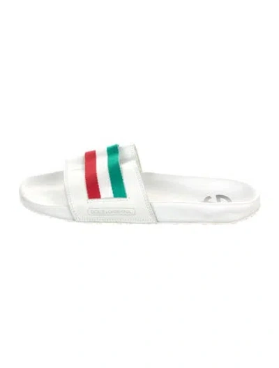 Pre-owned Dolce & Gabbana Leather Striped Slides In White