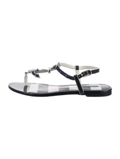 Pre-owned Dolce & Gabbana Leather Studded Accents T-strap Sandals In Blue