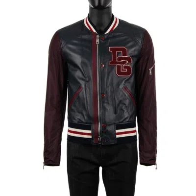 Pre-owned Dolce & Gabbana Leather Varsity Bomber Jacket With Dg Logo Blue Red 08712