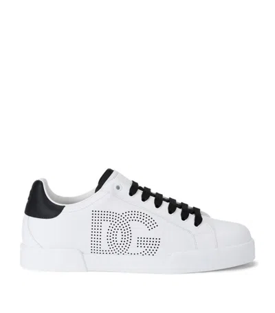 Dolce & Gabbana Portofino' White Low Top Sneakers With Perforated Logo In Leather In Multi