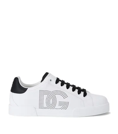 Dolce & Gabbana Portofino' White Low Top Sneakers With Perforated Logo In Leather In Multi