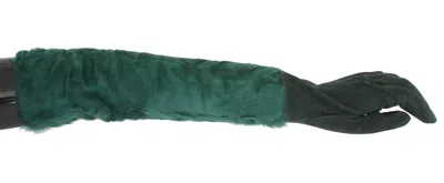 Dolce & Gabbana Leather Xiangao Fur Elbow Gloves In Green