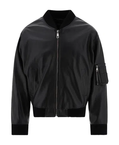 Dolce & Gabbana Leather Zip-up Bomber Jacket In Black