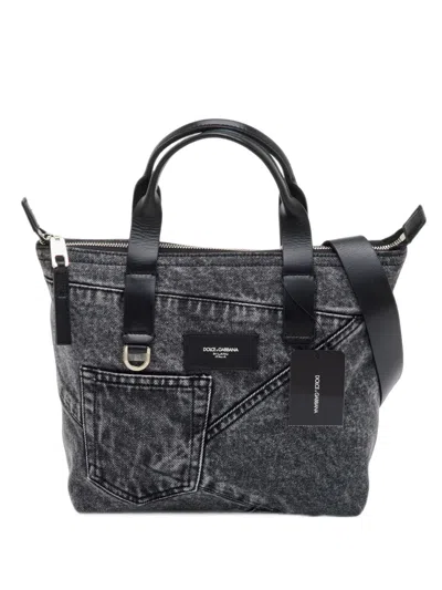 Pre-owned Dolce & Gabbana Leather-trim Denim Tote Bag In Grey
