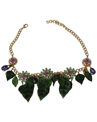 Dolce & Gabbana Leaves Crystal Flower Pendant Necklace