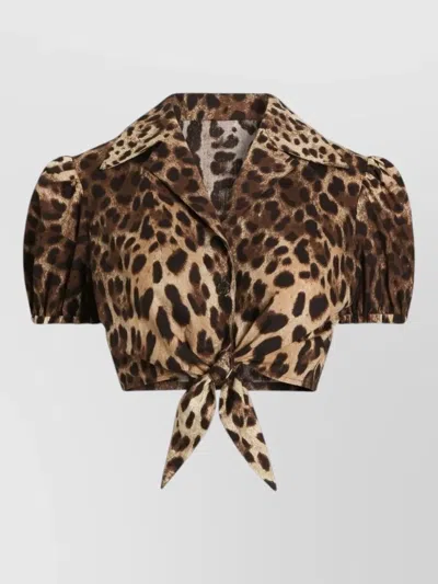 Dolce & Gabbana Leo Print Cropped Cotton Bow Shirt In Brown