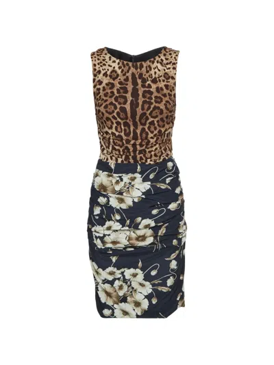 Pre-owned Dolce & Gabbana Leopard And Floral-print Dress In Brown