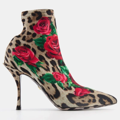 Pre-owned Dolce & Gabbana Leopard And Roses Ankle Boots Size 40.5 In Multicolor