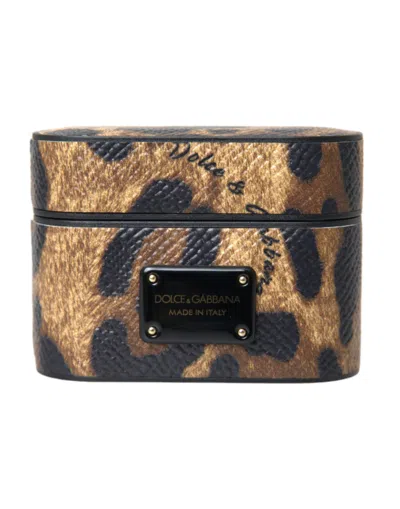Dolce & Gabbana Leopard Calf Leather Airpods Case In Brown
