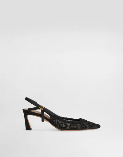 DOLCE & GABBANA LEOPARD-DESIGN LACE SLINGBACKS WITH FUSIBLE RHINESTONES