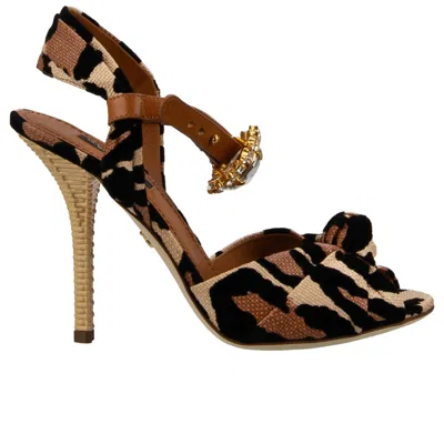 Pre-owned Dolce & Gabbana Leopard Kristall Brosche Pumps Sandalen Keira Beige Schwarz