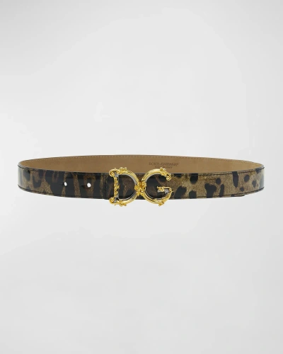 DOLCE & GABBANA LEOPARD PATENT LEATHER BELT WITH BAROQUE LOGO BUCKLE